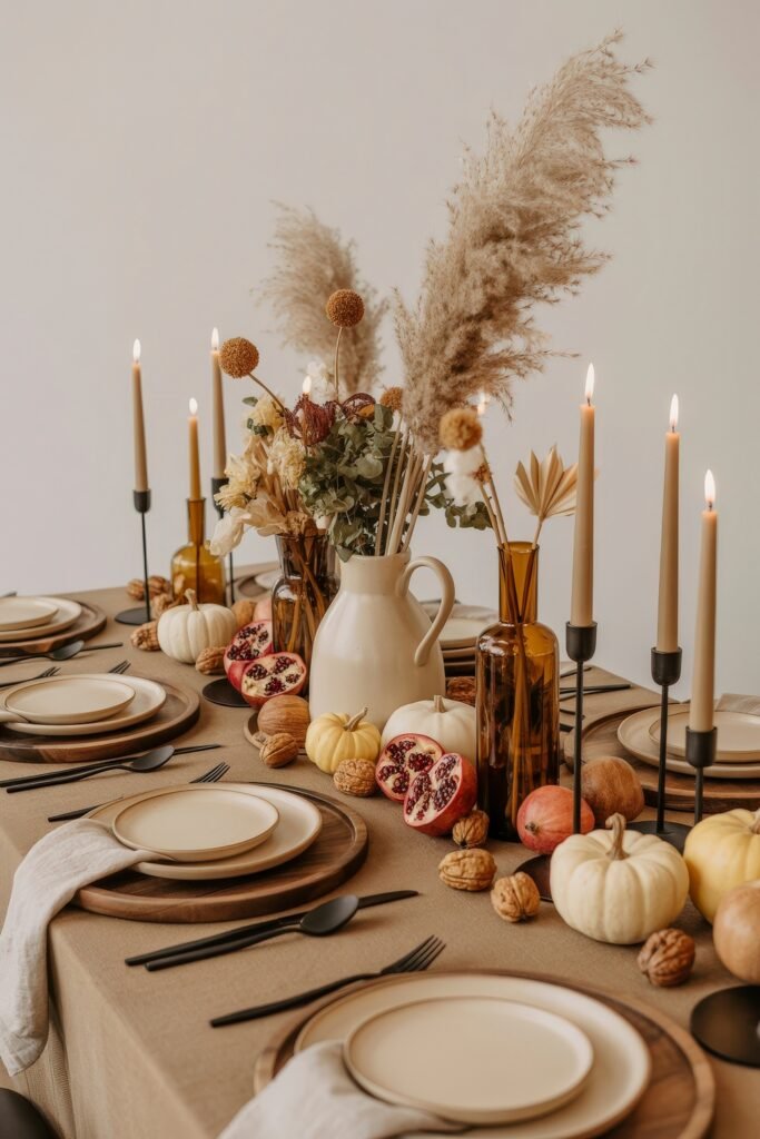 Effortless Harvest Table Looks: Thanksgiving Tablescapes Simple & Chic 10 Warm and elegant thanksgiving tablescape simple in style, with a tan tablecloth, black flatware, white pumpkins, walnuts, pomegranates, dried florals, and taper candles in black and amber glass holders.