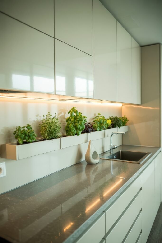 Inspiring Styles to Refresh Your White Kitchen Cabinets 10 Contemporary kitchen with glossy white cabinets and an integrated herb garden beneath under-cabinet lighting, creating a fresh and modern cooking space.