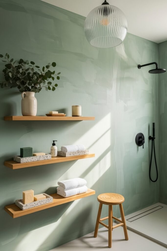 Creative Ways to Elevate Your Bathroom Wall Decor 12 Minimalist shower space with a muted green wall, wooden floating shelves displaying soaps and rolled towels, a light wood stool, and a matte black rain shower for a soothing spa-like vibe.