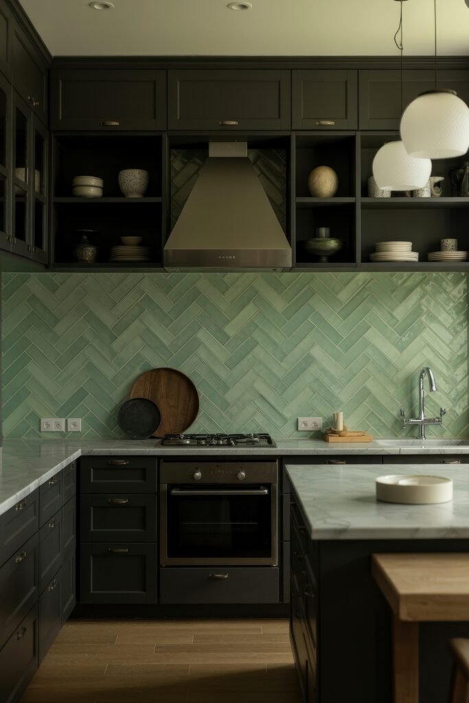 Stunning Ways to Style Black Kitchen Cabinets 15 Elegant kitchen showcasing black kitchen cabinets and a green herringbone tile backsplash, with open shelving and built-in stainless steel hood centered over the stove and white marble countertops.