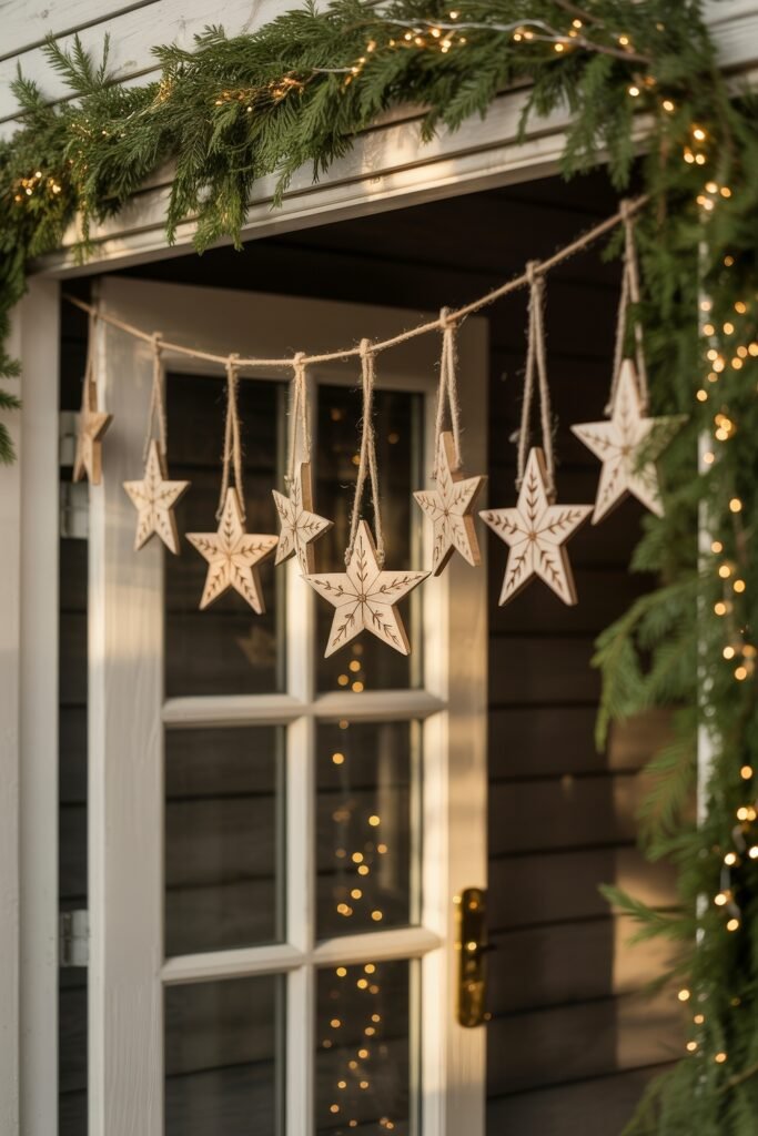 Front Door Cheer: Christmas Door Decorations Outdoor Ideas 15 A white-framed doorway decorated with string lights and hanging carved wooden stars beneath lush pine garland, blending rustic charm with festive outdoor christmas decorations.