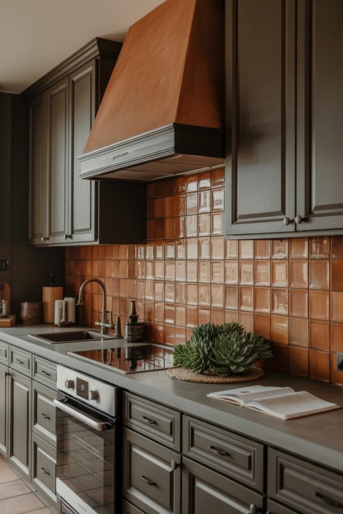Chic Ways to Style a Modern Black Kitchen 12 Contemporary kitchen with classic panel cabinetry in a muted dark tone, glossy terracotta backsplash, and a statement range hood, blending traditional charm with a modern black kitchen aesthetic.