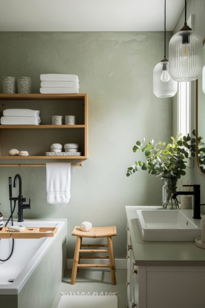 Creative Ways to Elevate Your Bathroom Wall Decor 13 Calm and airy bathroom with light green walls, open wood shelving, soft textiles, and potted eucalyptus adding a natural touch to the bathroom decor, complemented by pendant glass lights.