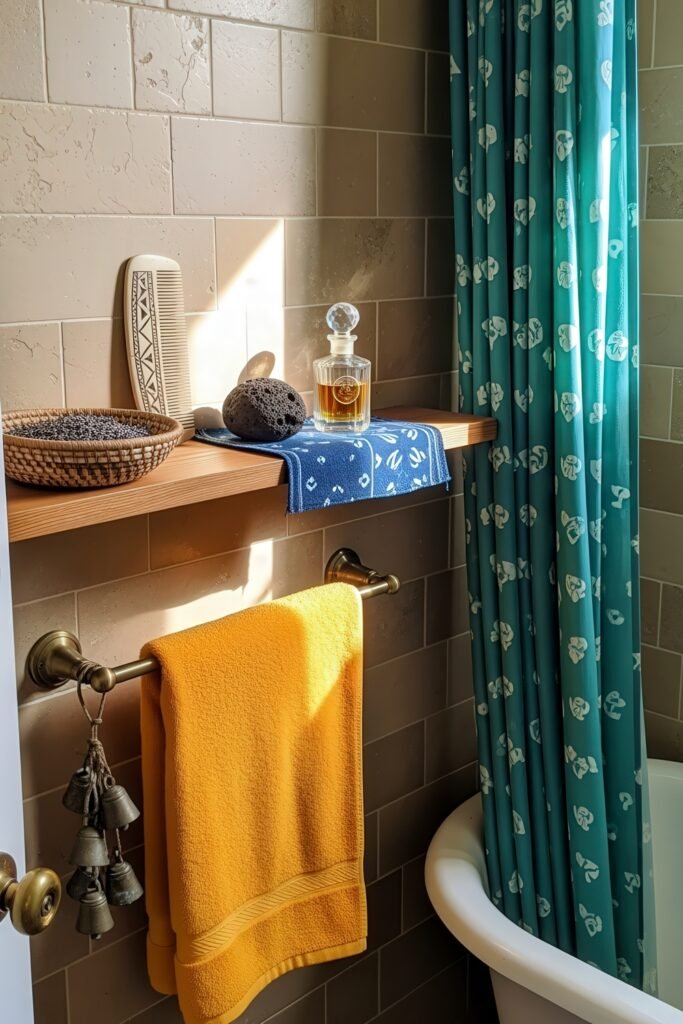 Gorgeous Ways to Elevate Your Bathroom Shelf Decor 12 Cozy bathroom corner with beige subway tile walls, a wooden bathroom shelf decor arrangement featuring a woven bowl, volcanic rock, ceramic comb, and a glass decanter on a blue cloth, next to a bright yellow towel and teal curtain with white motifs.
