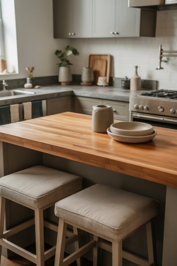 Rustic‑Modern Kitchen Ideas for Warm, Sleek Style 11 Modern kitchen with gray cabinets, a natural wood countertop island, neutral-toned ceramics, and cushioned stools, blending clean lines with cozy functionality.
