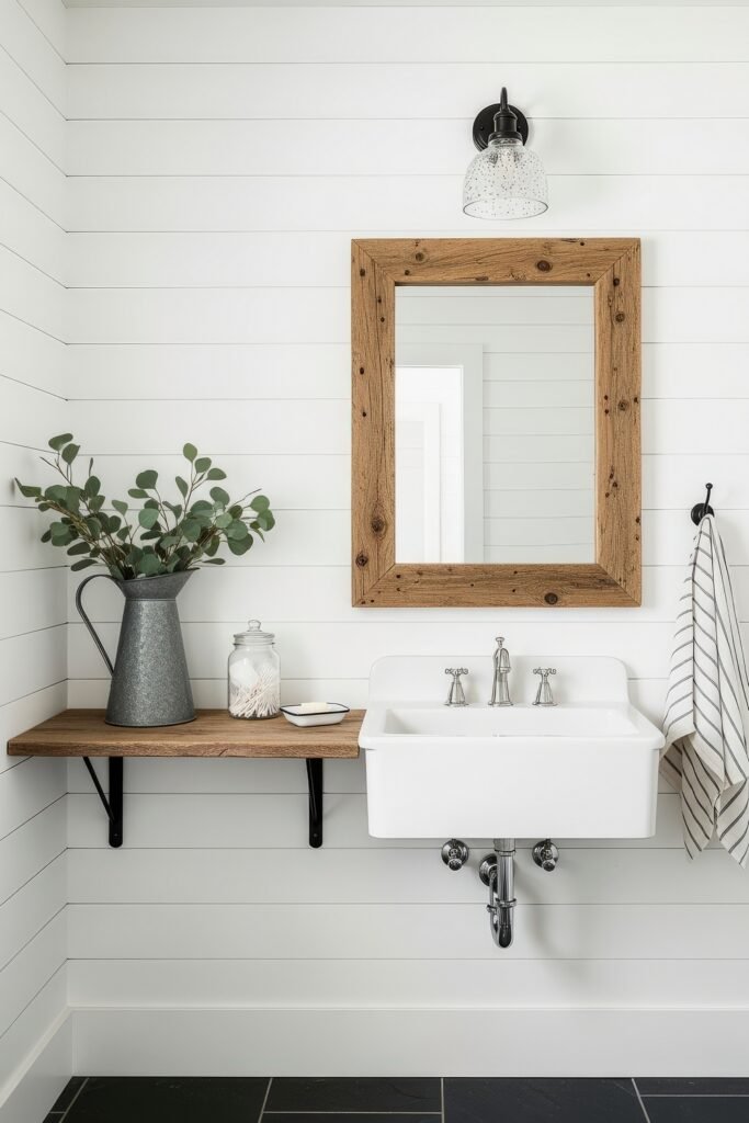 Gorgeous Ways to Elevate Your Bathroom Shelf Decor 13 Minimal farmhouse bathroom with shiplap walls, a rustic wood mirror, and a small wooden shelf holding a galvanized pitcher with greenery, a glass jar of cotton swabs, and a dish, adding to the clean, simple bathroom decor.
