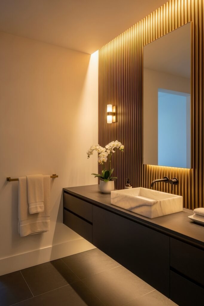 Creative Ways to Elevate Your Bathroom Wall Decor 14 Elegant bathroom with dark matte vanity, marble sink basin, and vertical wood slat bathroom wall decor glowing with warm recessed lighting, creating a luxurious and moody atmosphere.