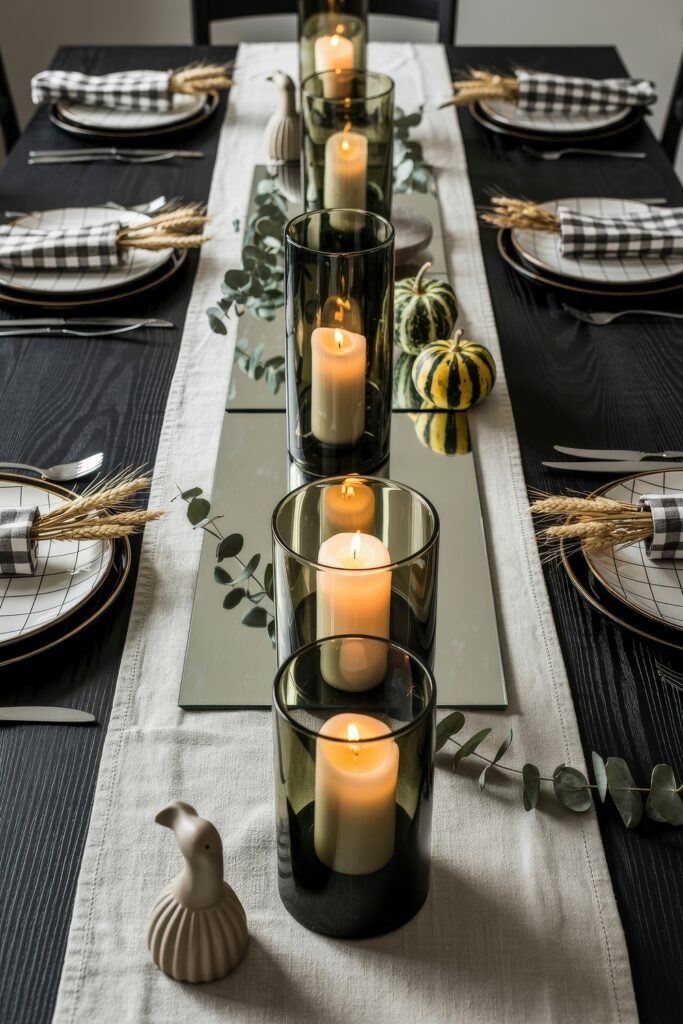 Monochrome Marvels: Black & White Thanksgiving Tablescapes 12 Warm and elegant thanksgiving table with grid-patterned plates, black-and-white checkered napkins, wheat accents, mirrored runner with striped gourds, eucalyptus sprigs, and tall glass hurricane candles.