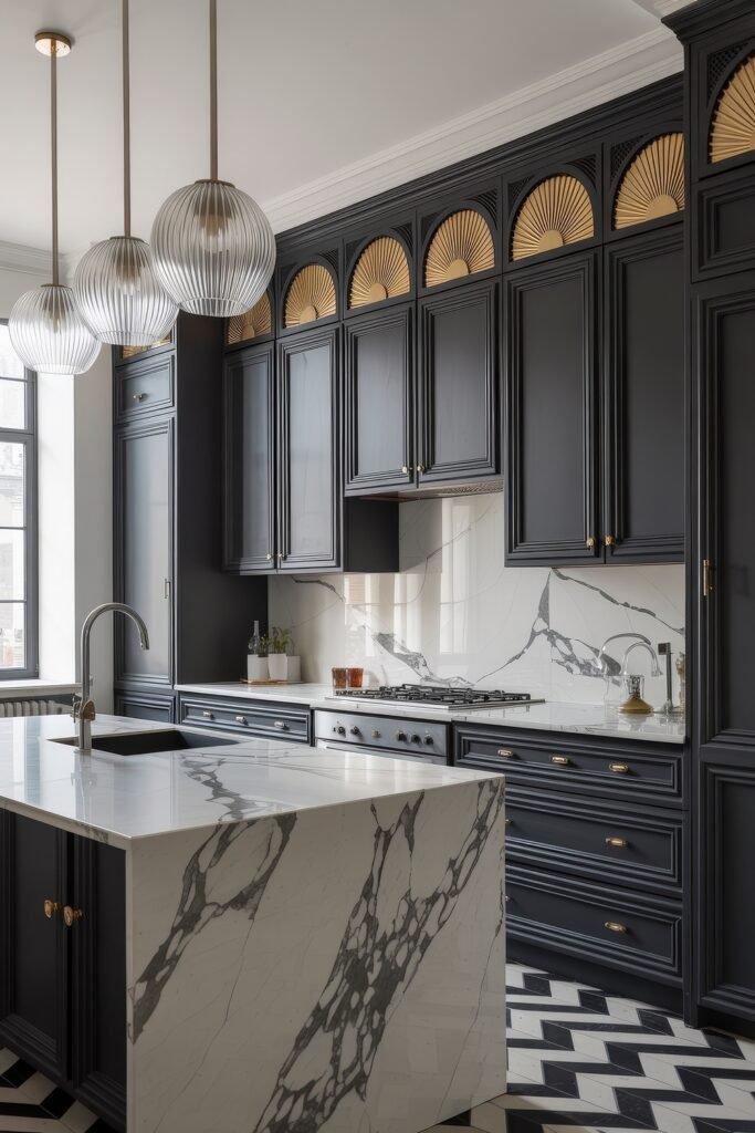 Stunning Ways to Style Black Kitchen Cabinets 16 Luxurious kitchen with black kitchen cabinets, striking white marble island and backsplash with bold black veining, and gold-accented upper cabinets beneath a trio of large ribbed glass pendant lights.