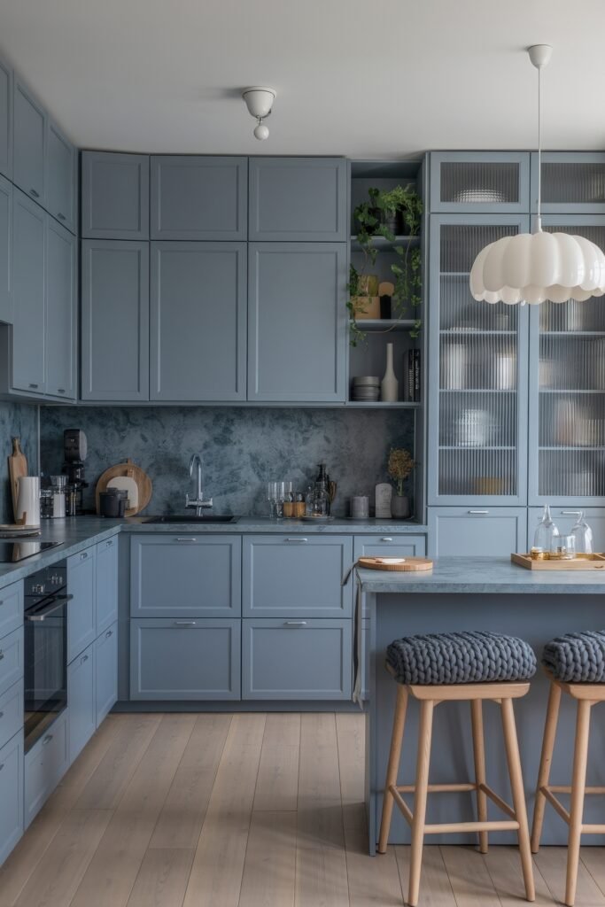 Inspiring Looks for Blue Kitchen Cabinets in Every Style 14 Modern kitchen with sleek blue kitchen cabinets, marble-look backsplash, glass-front storage, and cozy knit stools creating a stylish and functional space.