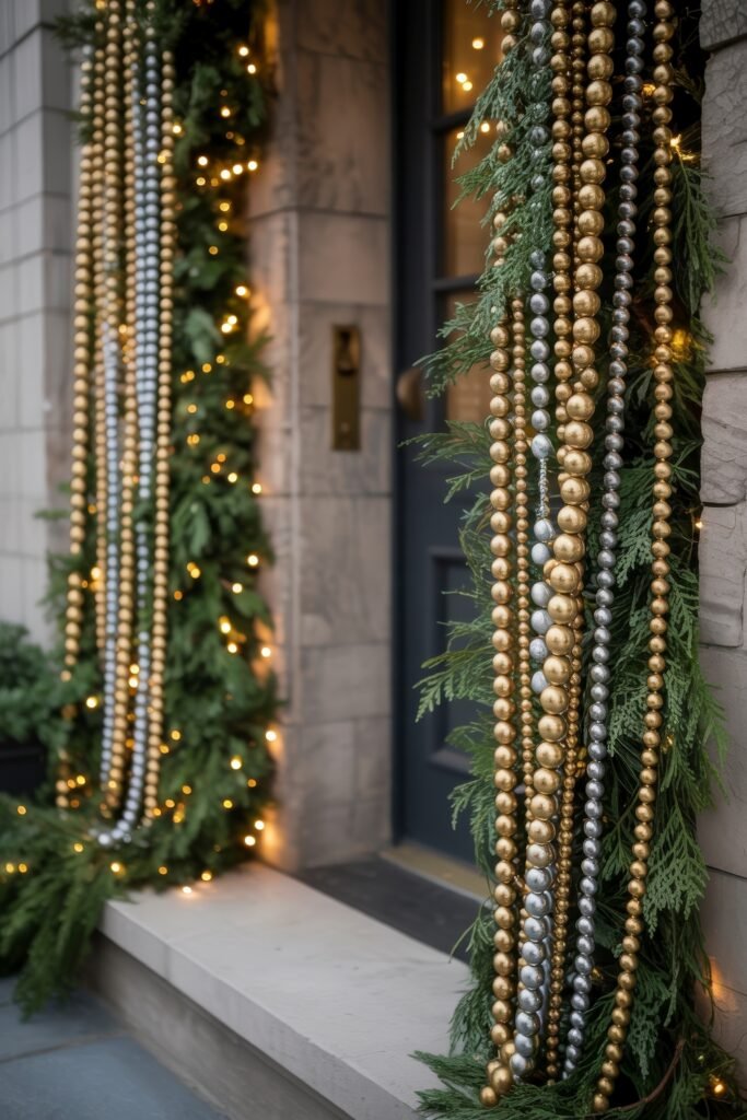 Front Door Cheer: Christmas Door Decorations Outdoor Ideas 16 A stone entrance outlined with greenery and glowing lights, heavily draped in cascading gold and silver bead garlands for a luxurious and bold holiday look.