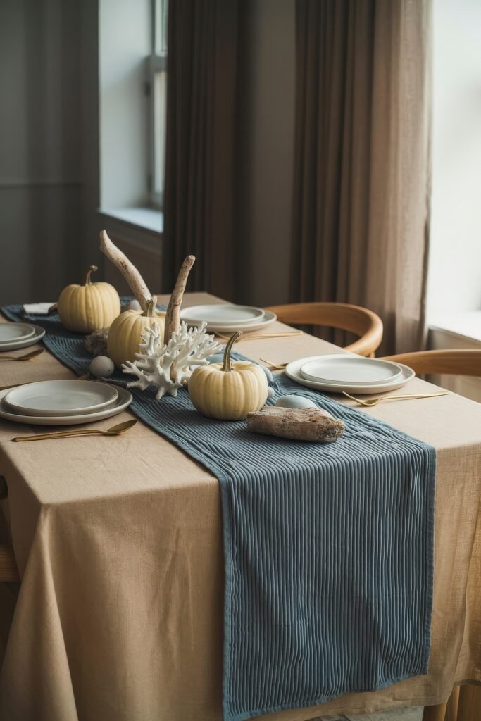 Breezy Blues & Driftwood Accents: Coastal Thanksgiving Tablescapes 11 Coastal-inspired Thanksgiving table with neutral plates, gold flatware, and a centerpiece of white pumpkins, driftwood, and faux coral on a textured blue runner.