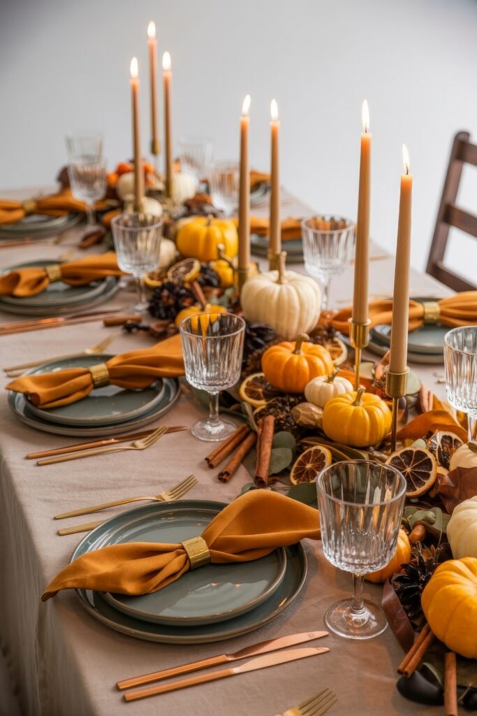 Effortless Harvest Table Looks: Thanksgiving Tablescapes Simple & Chic 12 Colorful thanksgiving tablescapes arrangement with burnt orange napkins, golden flatware, and a centerpiece of mixed pumpkins, pinecones, dried oranges, cinnamon sticks, and taper candles.