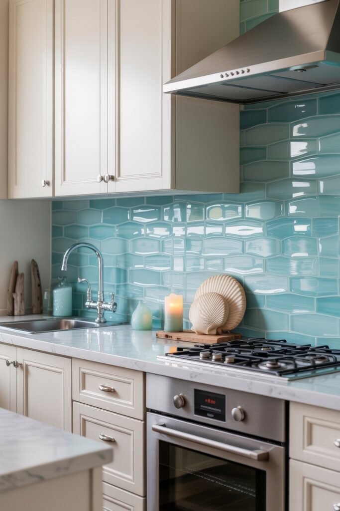 Inspiring Styles to Refresh Your White Kitchen Cabinets 11 Coastal-inspired kitchen with white kitchen cabinets, a glossy turquoise backsplash, marble countertops, and beach-themed decor like candles and seashells.