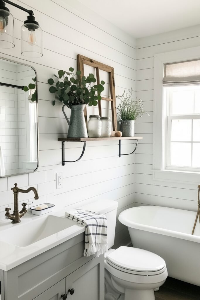 Gorgeous Ways to Elevate Your Bathroom Shelf Decor 14 Bright and airy bathroom styled with farmhouse elements including white shiplap, black metal shelf brackets, and bathroom shelf decor like vintage jars, greenery in metal pitchers, and a wooden window frame accent above the toilet.