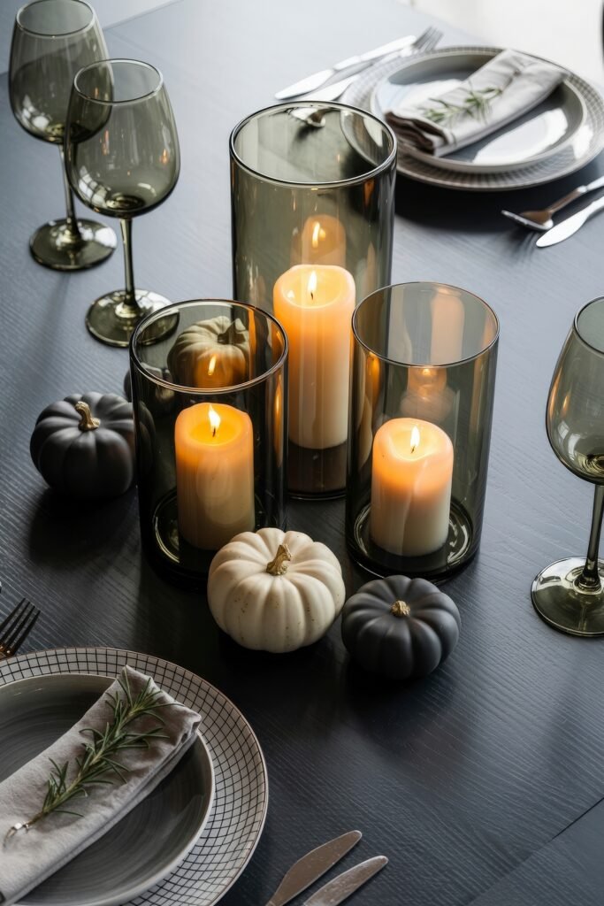 Monochrome Marvels: Black & White Thanksgiving Tablescapes 13 Sophisticated autumn table setting with grey and white pumpkins, smoked glass candle holders, green wine glasses, and rosemary-topped grey napkins on checkered plates for a moody thanksgiving ambiance.