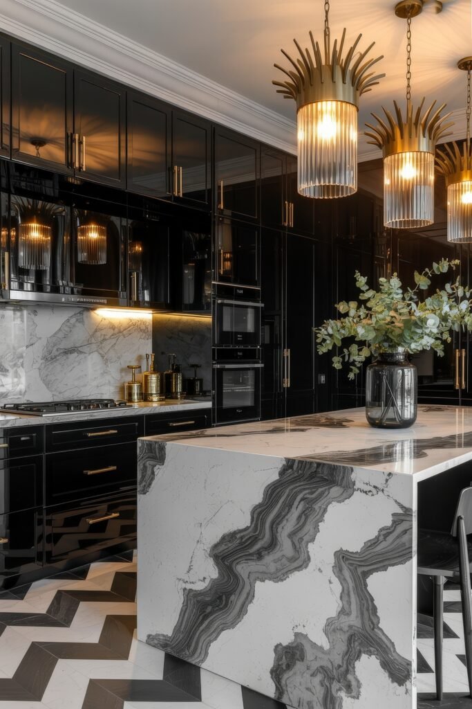 Stunning Ways to Style Black Kitchen Cabinets 17 Glamorous black kitchen featuring glossy black kitchen cabinets, dramatic marble surfaces, geometric flooring, and ornate pendant lights casting warm reflections across the high-gloss finishes.
