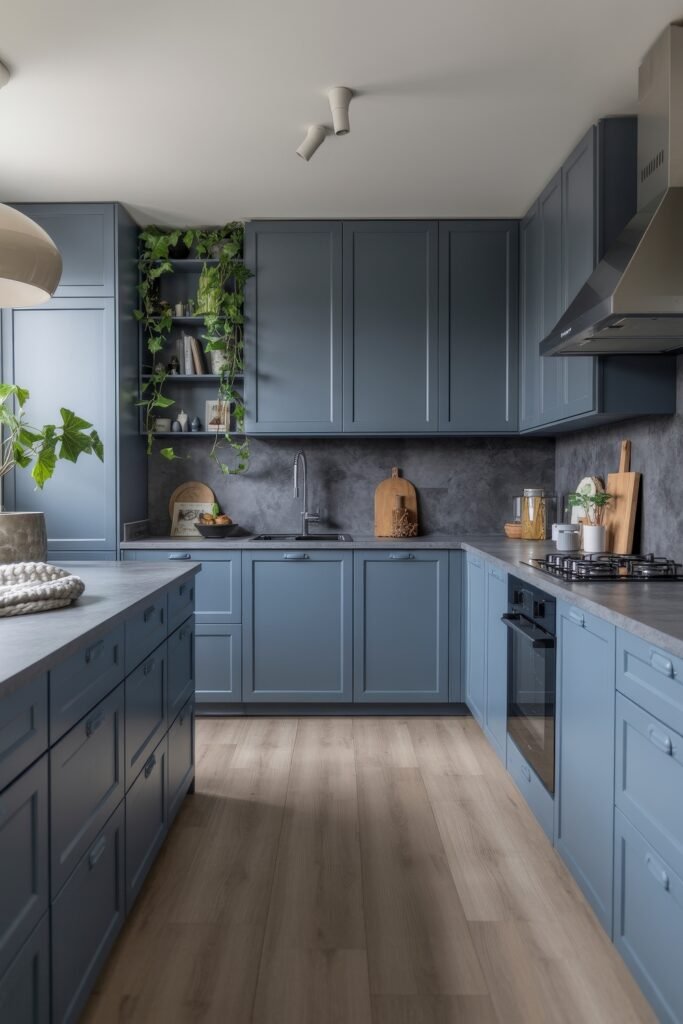 Inspiring Looks for Blue Kitchen Cabinets in Every Style 15 Sophisticated kitchen with matte blue kitchen cabinets, concrete-look countertops, leafy green plants, and minimalist finishes for a cool, natural aesthetic.