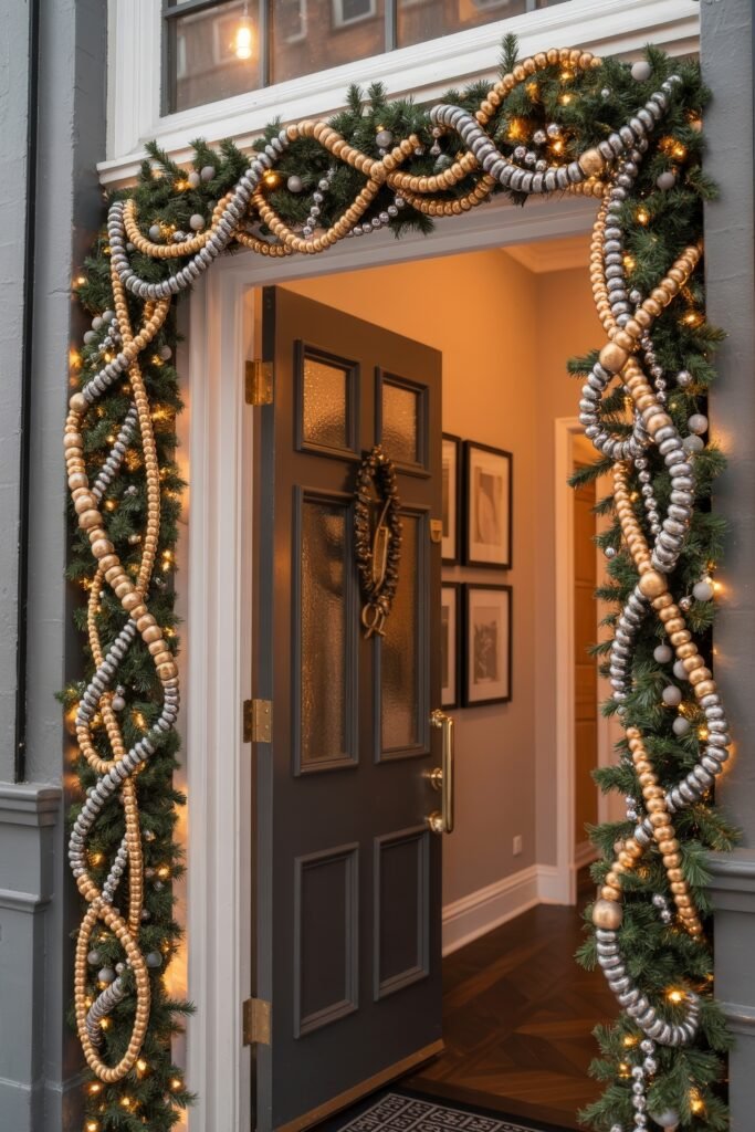 Front Door Cheer: Christmas Door Decorations Outdoor Ideas 17 A dark entry framed by pine garland and lights, interwoven with silver and gold beaded garlands in elaborate swirls, highlighting upscale and festive christmas door decorations outdoor.