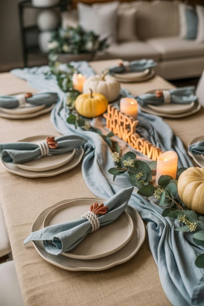 Breezy Blues & Driftwood Accents: Coastal Thanksgiving Tablescapes 12 Festive Thanksgiving tablescape with a soft blue runner, white and yellow pumpkins, glowing candles, and a “Happy Thanksgiving” sign, accented by nautical napkin rings and eucalyptus leaves.