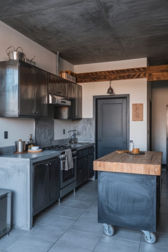 Chic Ways to Style a Modern Black Kitchen 14 Loft-inspired modern black kitchen with stainless steel appliances, mobile wooden island, concrete-look countertops, and exposed structural elements for an urban vibe.