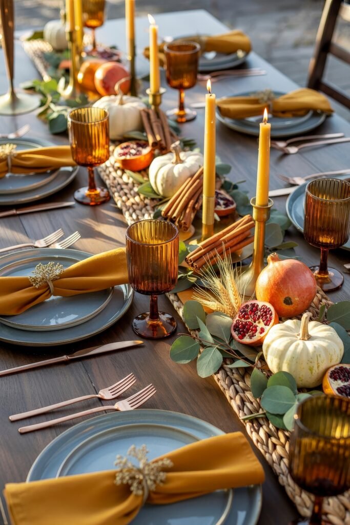 Effortless Harvest Table Looks: Thanksgiving Tablescapes Simple & Chic 13 Vibrant autumn table setting with amber goblets, gold-toned flatware, mustard napkins, and a thanksgiving tablescape centerpiece of pumpkins, pomegranates, cinnamon sticks, and taper candles on a woven runner.