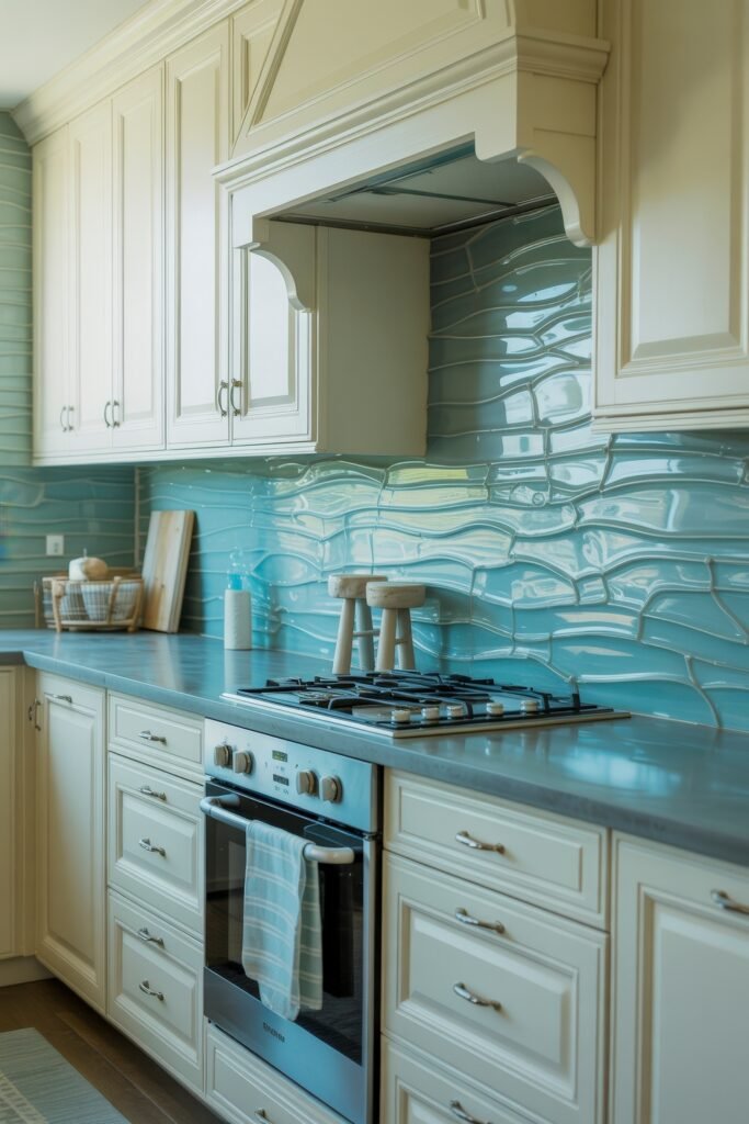 Inspiring Styles to Refresh Your White Kitchen Cabinets 12 Elegant kitchen featuring traditional white kitchen cabinets, wave-patterned aqua backsplash tiles, and a gray countertop for a serene, oceanic ambiance.