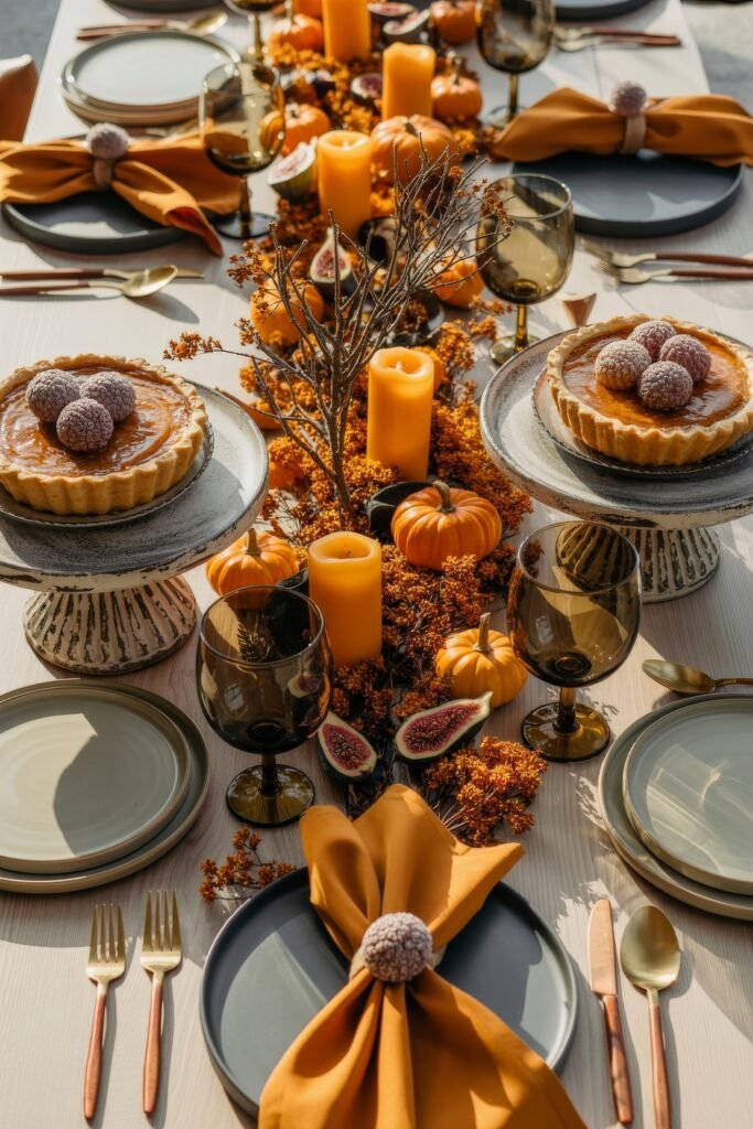 Effortless Harvest Table Looks: Thanksgiving Tablescapes Simple & Chic 14 Festive fall tablescape with mini pumpkin pies as centerpieces, surrounded by figs, orange candles, and tiny pumpkins, accented with mustard napkins and amber glasses for a cozy harvest feel.