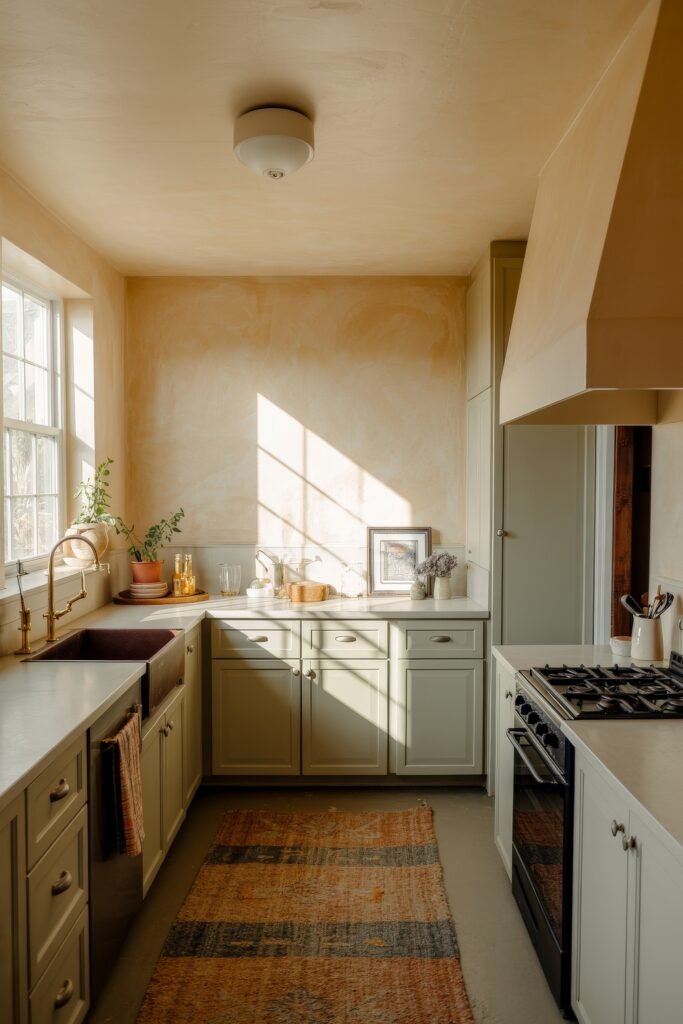 Rustic‑Modern Kitchen Ideas for Warm, Sleek Style 12 Sunlit kitchen with soft green cabinetry, a farmhouse sink, earthy-toned walls, and a woven rug, creating a calm and rustic modern kitchen atmosphere.