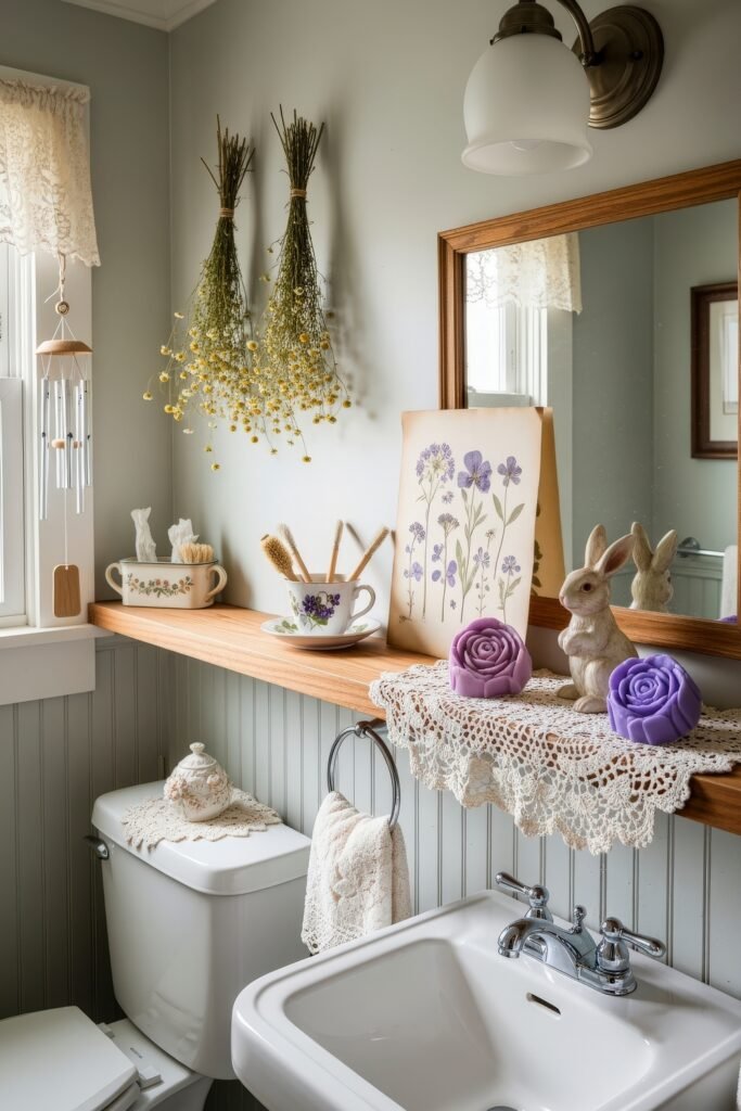 Gorgeous Ways to Elevate Your Bathroom Shelf Decor 15 Cottage-style bathroom with vintage charm, featuring soft lace accents, wall-hung dried florals, floral art, and bathroom shelf decor with ceramic containers, purple rose-shaped soaps, and a rabbit figurine beside a classic white sink.