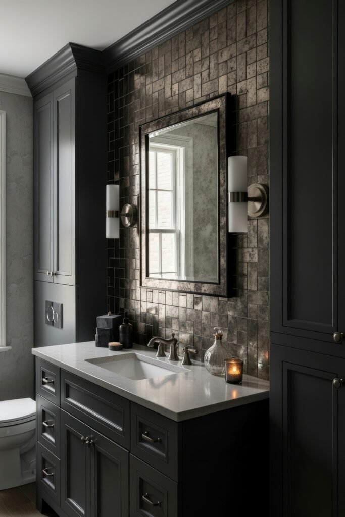 Creative Ways to Elevate Your Bathroom Wall Decor 16 Classic black-and-gray bathroom with a distressed mirrored tile backsplash, traditional cabinetry, and brushed nickel fixtures, offering a timeless and refined bathroom decor style.