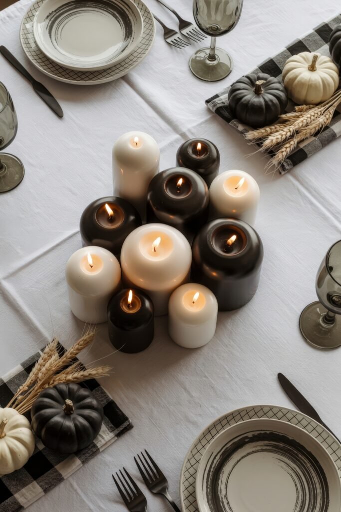 Monochrome Marvels: Black & White Thanksgiving Tablescapes 14 Minimalist thanksgiving centerpiece with black and white pillar candles surrounded by black and white pumpkins, wheat, and monochrome place settings atop a crisp white tablecloth.