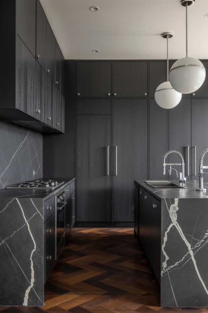 Stunning Ways to Style Black Kitchen Cabinets 18 Sleek modern kitchen with matte black kitchen cabinets, black marble countertops with white veining, and spherical pendant lights suspended over a double-sink island with stainless steel fixtures.