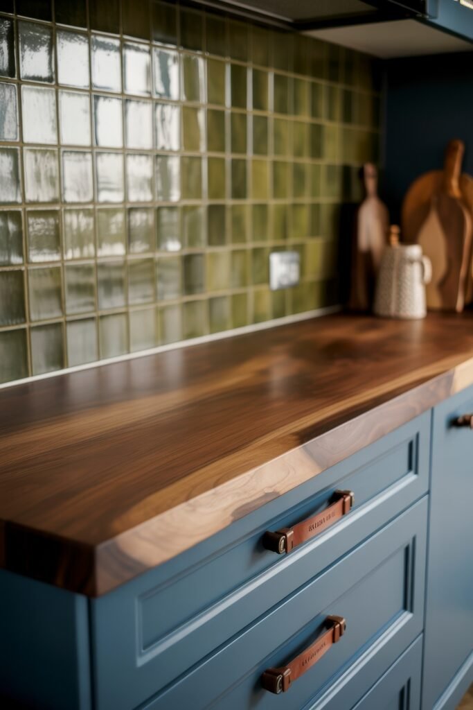 Inspiring Looks for Blue Kitchen Cabinets in Every Style 16 Close-up of rich wood countertop atop deep blue kitchen cabinets with leather strap handles, set against glossy olive green tile backsplash.