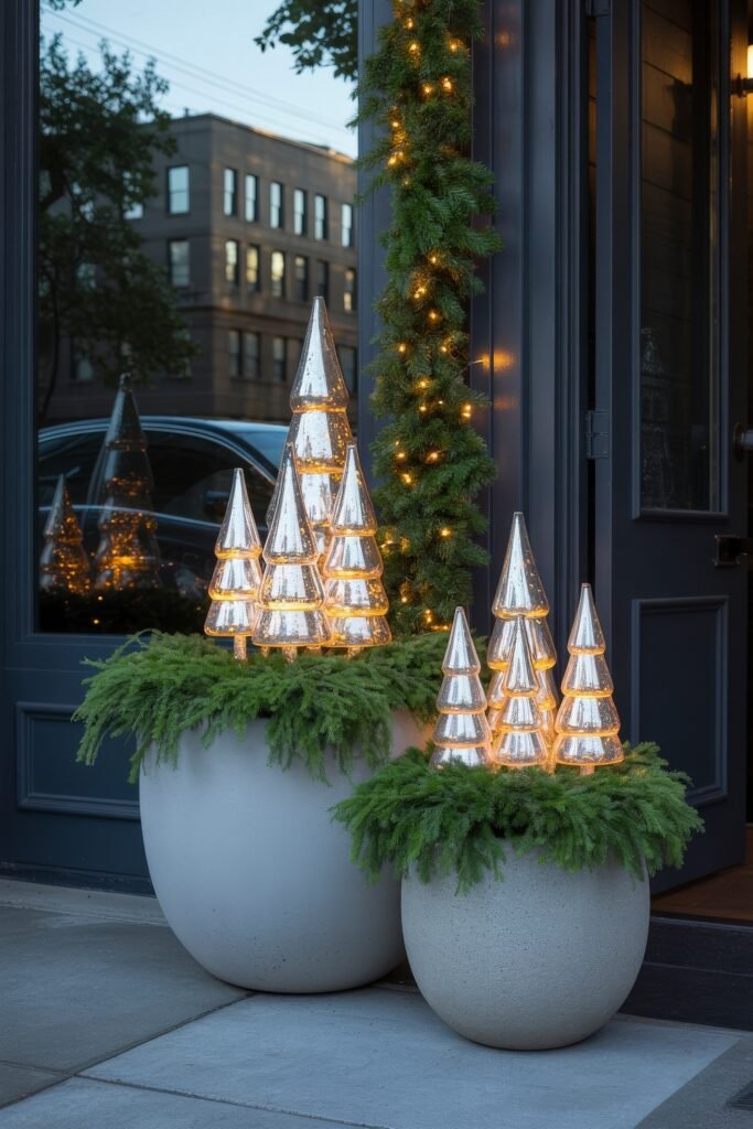 Front Door Cheer: Christmas Door Decorations Outdoor Ideas 18 A modern entryway with large concrete planters filled with greenery and metallic cone trees glowing with lights, paired with garland-wrapped columns for contemporary outdoor christmas decorations.