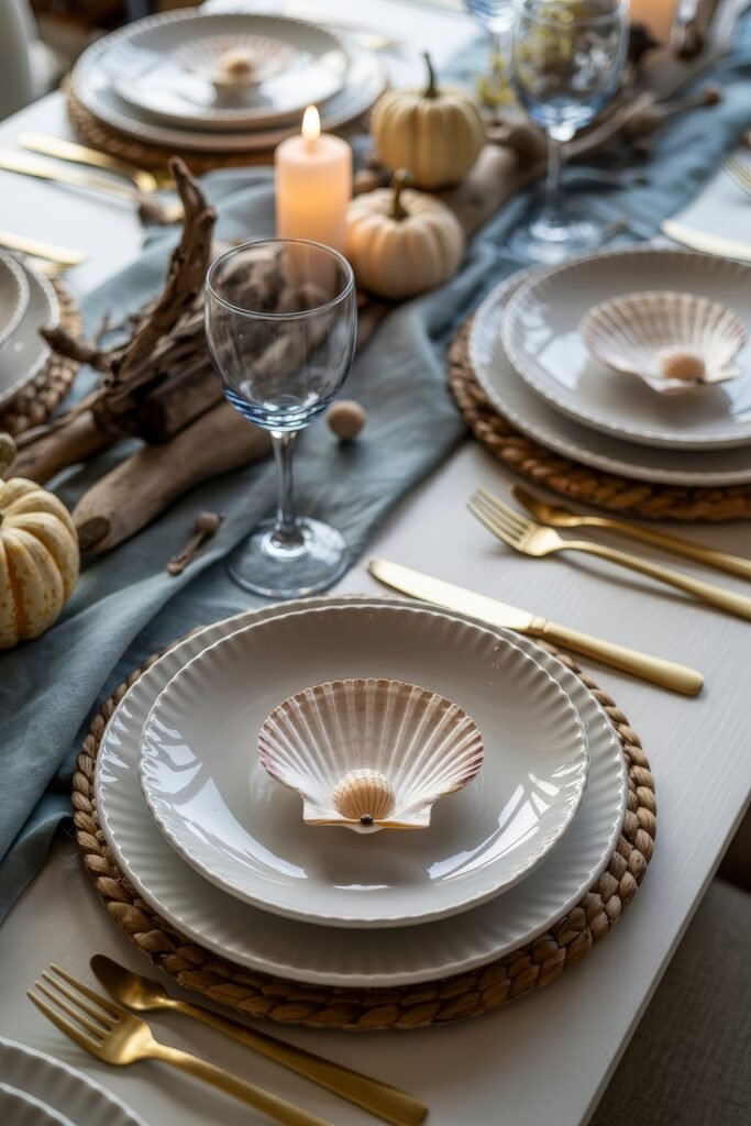 Breezy Blues & Driftwood Accents: Coastal Thanksgiving Tablescapes 13 Elegant coastal thanksgiving tablescape featuring white plates with scallop shells, driftwood, mini pumpkins, and blue taper candles, creating a beachside atmosphere.
