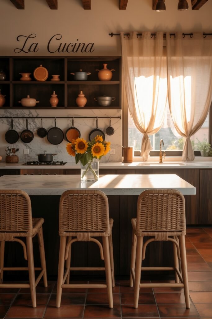 Rustic‑Modern Kitchen Ideas for Warm, Sleek Style 13 Mediterranean-inspired kitchen with terracotta tile floors, wicker bar stools, sheer curtains, and a vase of sunflowers on a marble island under soft sunlight.