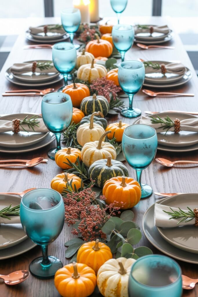 Effortless Harvest Table Looks: Thanksgiving Tablescapes Simple & Chic 15 Playful Thanksgiving table featuring teal goblets, beige napkins with rosemary sprigs, and a vibrant centerpiece of orange, white, and green gourds with eucalyptus and berry sprigs.