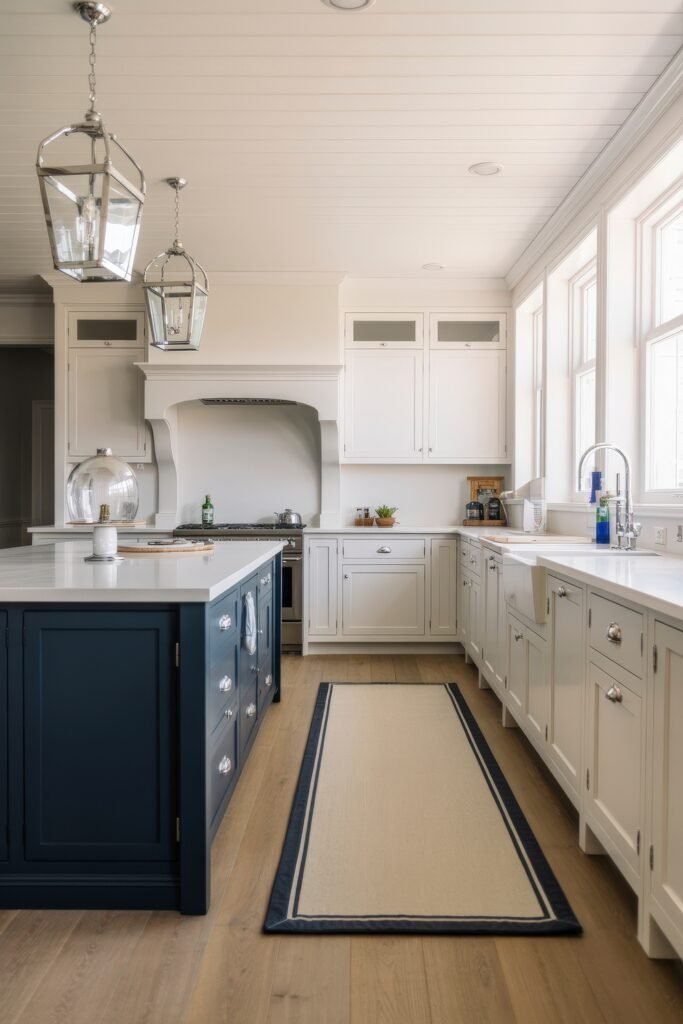 Inspiring Styles to Refresh Your White Kitchen Cabinets 14 Traditional kitchen with white shaker cabinets, a navy island, brass hardware, and warm wood flooring, highlighted by natural light and glass pendant lighting.