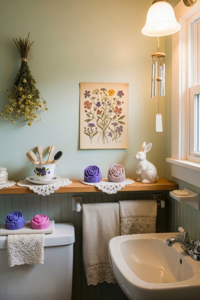 Gorgeous Ways to Elevate Your Bathroom Shelf Decor 16 Romantic floral-themed bathroom with pastel tones and vintage decor, showcasing rose-shaped soaps, floral artwork, a ceramic bunny, and doilies on a wooden shelf over beadboard walls and a white sink.