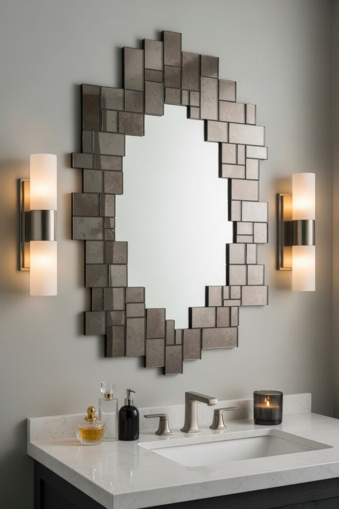 Creative Ways to Elevate Your Bathroom Wall Decor 17 Stylish bathroom vanity with a unique mosaic-framed mirror, paired sconces, and marble countertop, combining geometric bathroom wall decor with modern lighting elements.