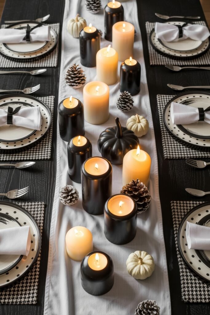 Monochrome Marvels: Black & White Thanksgiving Tablescapes 15 Festive black and white thanksgiving tablescape with glowing pillar candles, mini pumpkins, frosted pinecones, and dotted plates atop houndstooth placemats and a soft white runner.