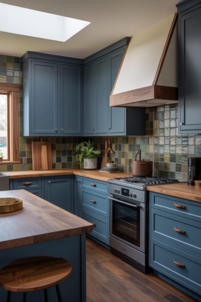 Inspiring Looks for Blue Kitchen Cabinets in Every Style 17 Warm kitchen with deep blue kitchen cabinets, wooden countertops, and earthy multicolored tile backsplash under a skylight that fills the space with daylight.