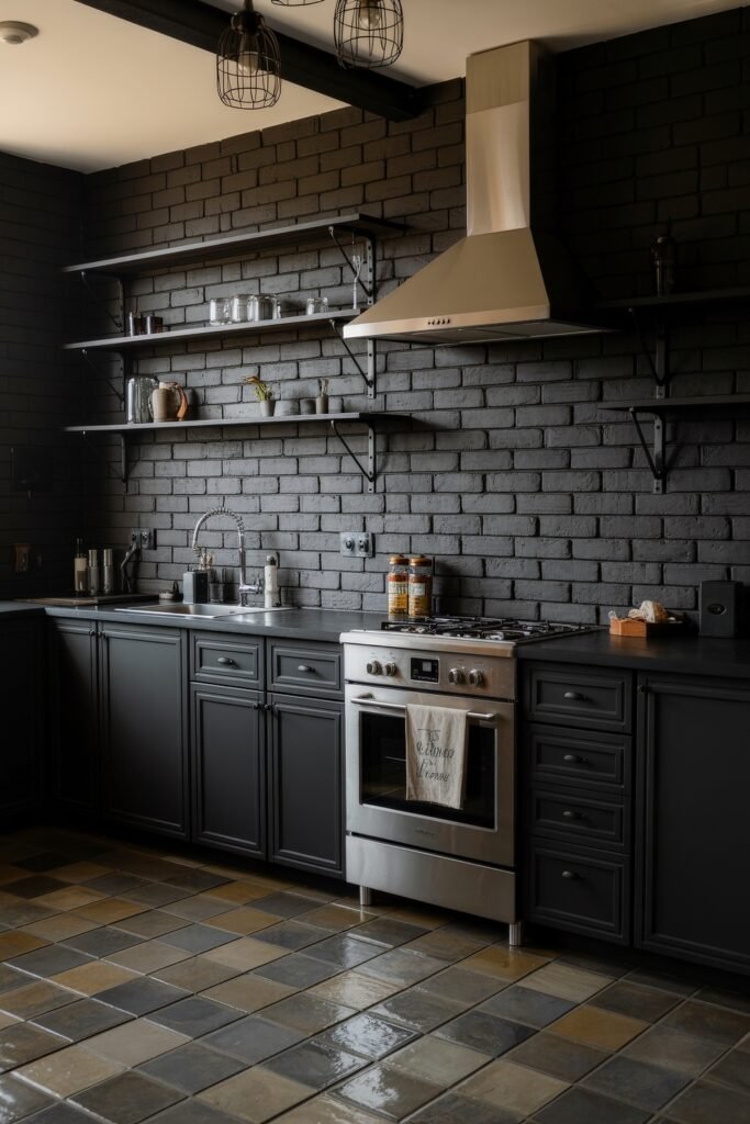 Chic Ways to Style a Modern Black Kitchen 16 Full view of a modern black kitchen with textured brick backsplash, stainless appliances, open shelving, and two-tone glossy tile flooring for an industrial yet homey atmosphere.