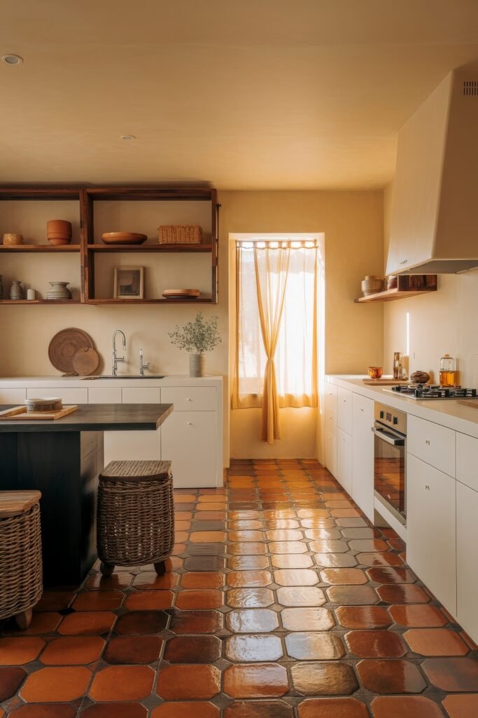 Rustic‑Modern Kitchen Ideas for Warm, Sleek Style 14 Warm kitchen with glossy terracotta tile flooring, open wood shelving, wicker stools, and soft golden light filtering through sheer curtains.