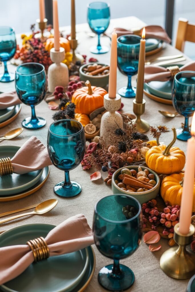 Effortless Harvest Table Looks: Thanksgiving Tablescapes Simple & Chic 16 Eclectic fall table setting with teal goblets, pale pink napkins, and a lively thanksgiving tablescape of mini pumpkins, nuts, cinnamon sticks, dried botanicals, and taper candles in ceramic holders.