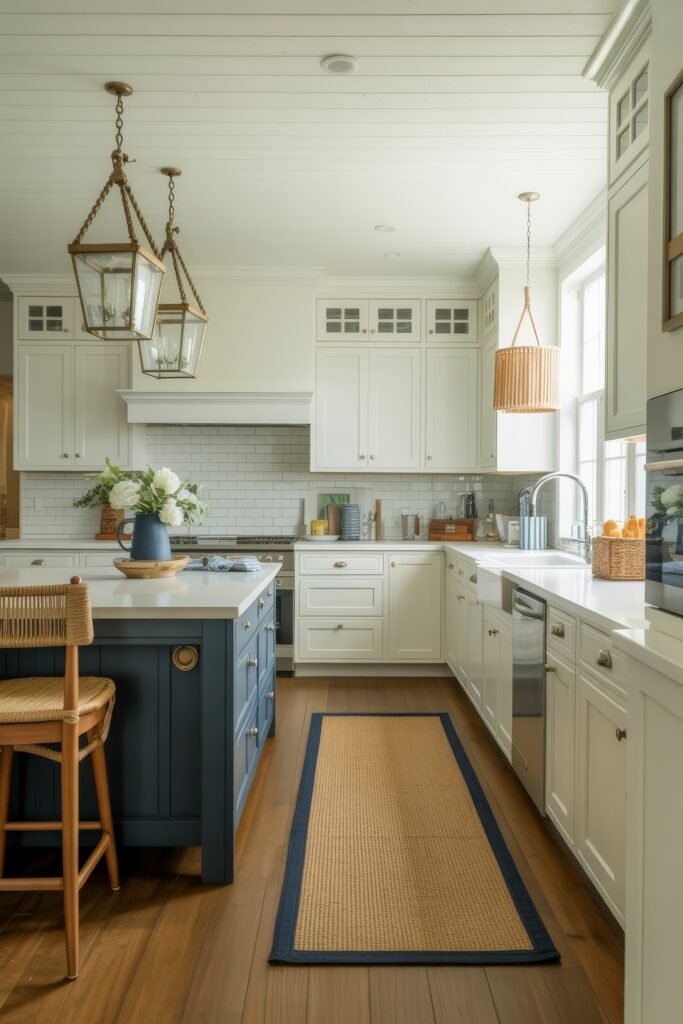 Inspiring Styles to Refresh Your White Kitchen Cabinets 13 Bright kitchen with white cabinetry, a navy blue island, oversized lantern lights, and a long rug, combining classic design with nautical accents.