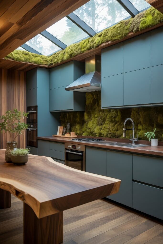 Inspiring Looks for Blue Kitchen Cabinets in Every Style 18 Nature-inspired kitchen featuring flat-front blue cabinetry, moss-covered backsplash, and a live-edge wood dining table under a dramatic glass ceiling.