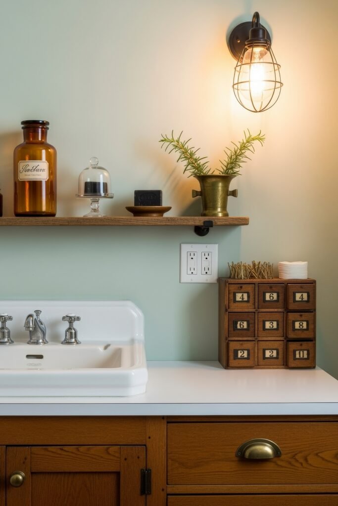 Gorgeous Ways to Elevate Your Bathroom Shelf Decor 17 Vintage-inspired bathroom with a green wall, rustic vanity, and a floating shelf decorated with an amber glass bottle, black soaps, a brass planter, and a wooden drawer unit, illuminated by an industrial-style wall sconce.