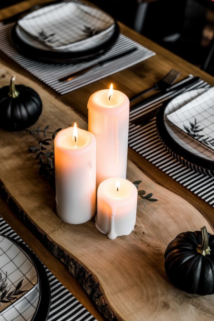 Monochrome Marvels: Black & White Thanksgiving Tablescapes 16 Rustic thanksgiving centerpiece with glowing white pillar candles on a natural wood slab, surrounded by matte black pumpkins and modern black and white tableware.